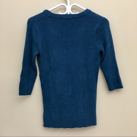 NORDSTROM PRESS Cosy Teal Ribbed Knit 3/4 Sleeve Crewneck Sweater Women’s Small - Picture 2 of 6
